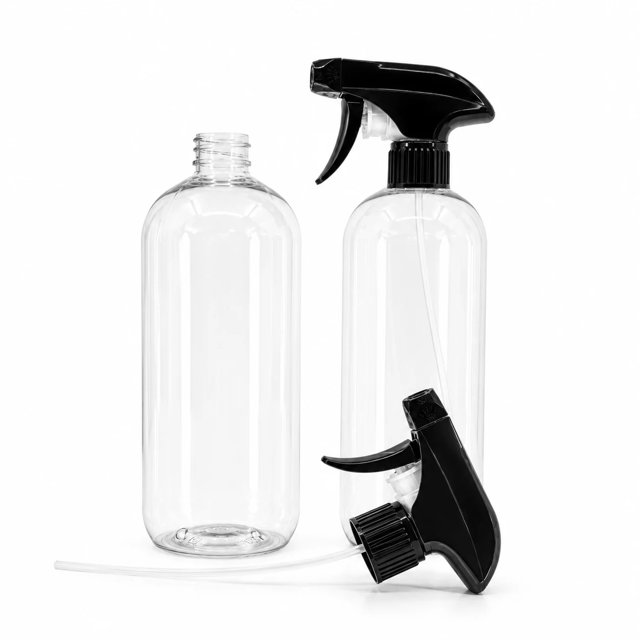 Plastová fľaša, priehľadná oblá, čierny pákový rozprašovač, 750 ml