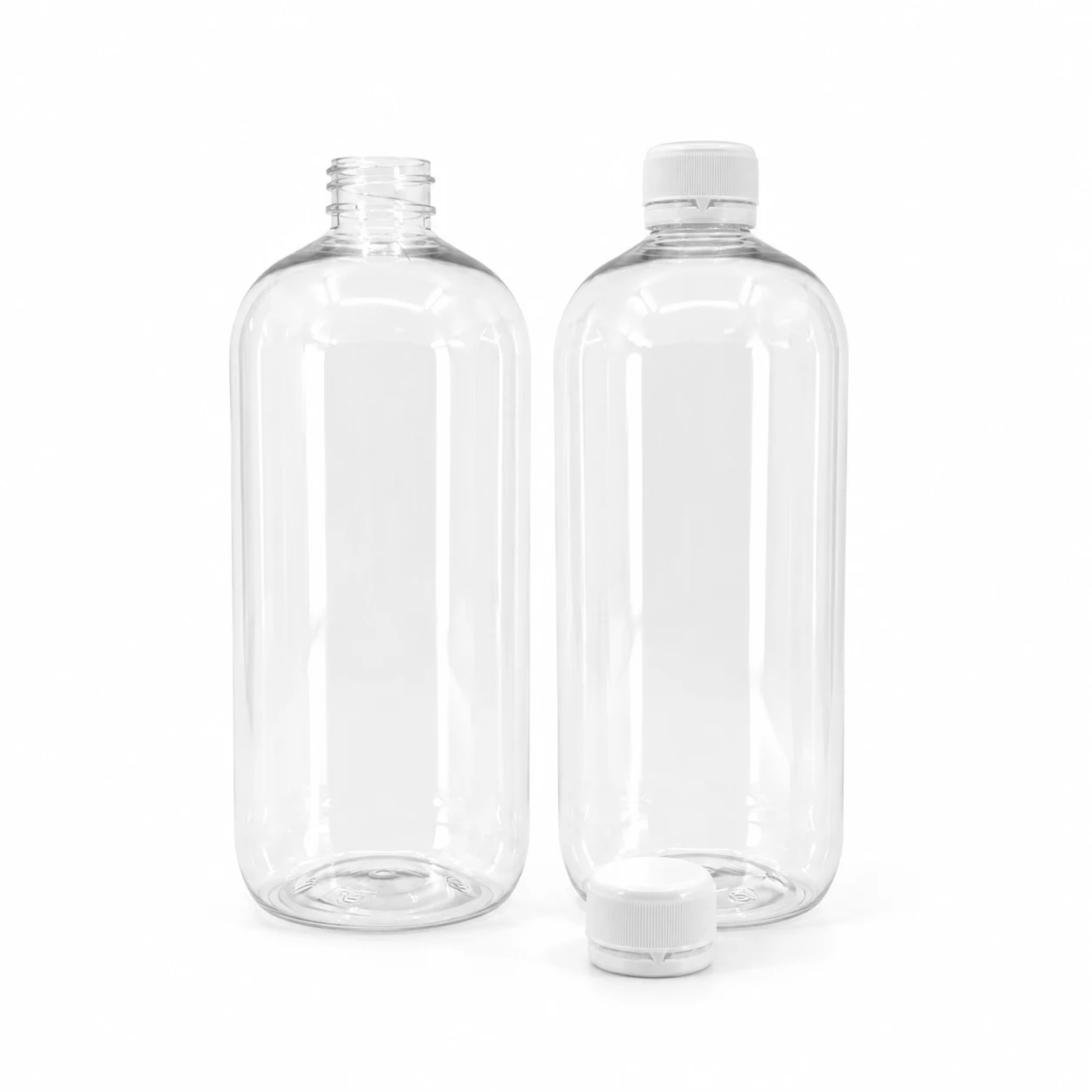 Plastová fľaša, priehľadná oblá, vrchnák biely šróbovací, 750 ml