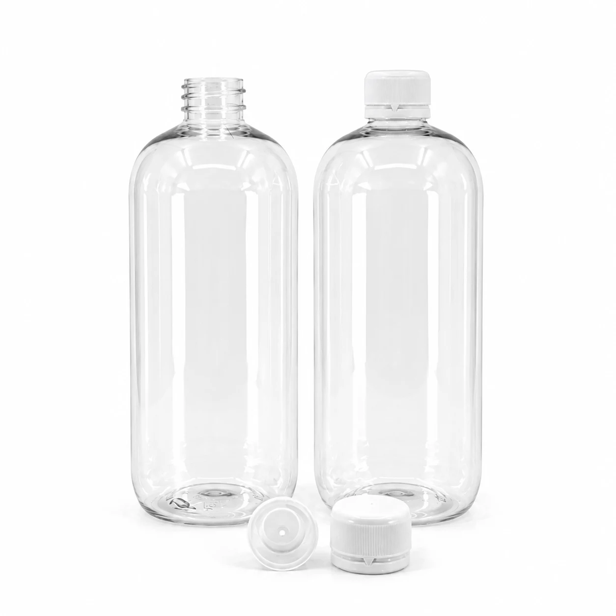 Plastová fľaša, priehľadná oblá, vrchnák biely šróbovací s kvapátkom, 750 ml