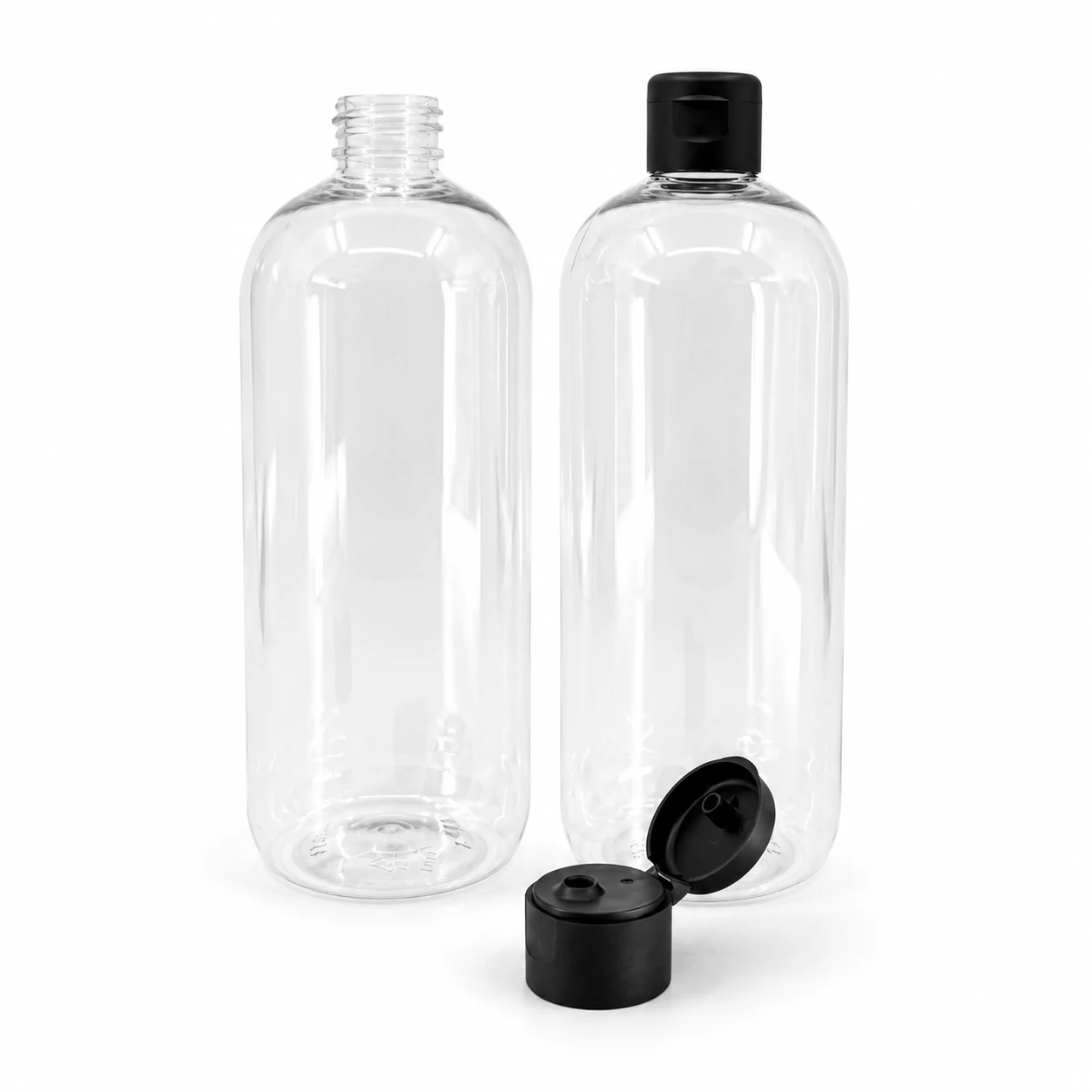 Plastová fľaša, priehľadná oblá, matný čierny flip-top, 750 ml