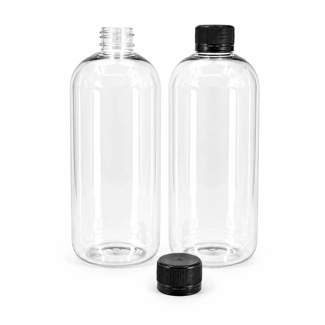 Plastová fľaša, priehľadná oblá, čierny vrchnák, 750 ml