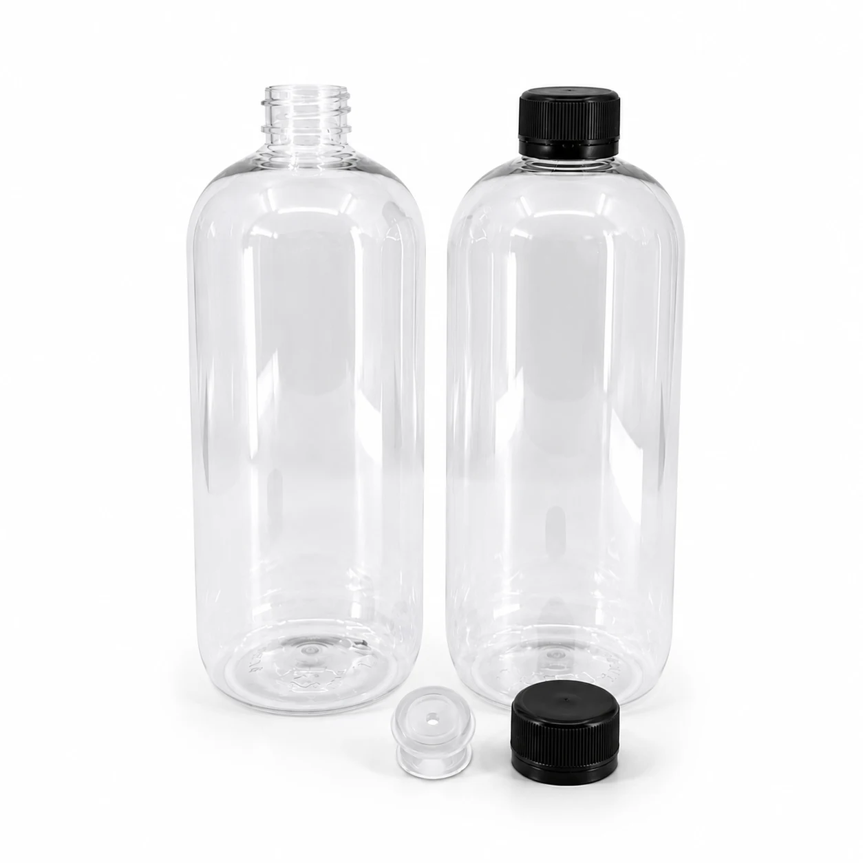 Plastová fľaša, priehľadná oblá, čierny vrchnák a kvapátko 750 ml