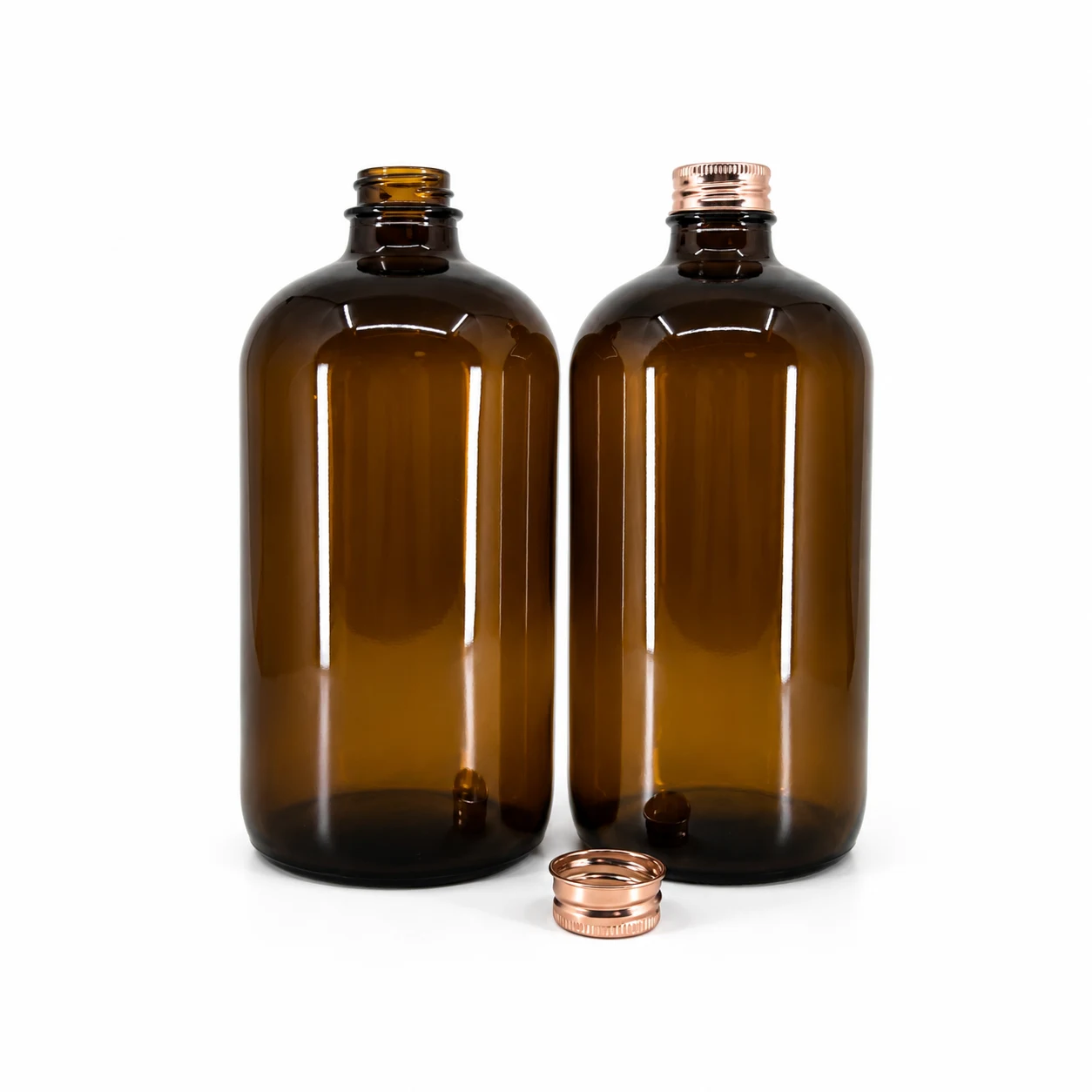 Amber Boston Round Sirup Glass Bottle, PP28S, Rose Gold Aluminium Cap, 1000 ml