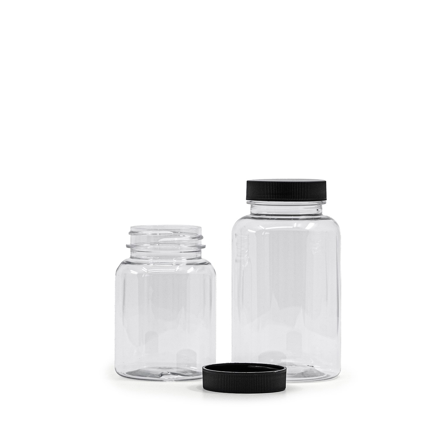 Boîte en plastique transparente pour comprimés avec couvercle noir, 150 ml