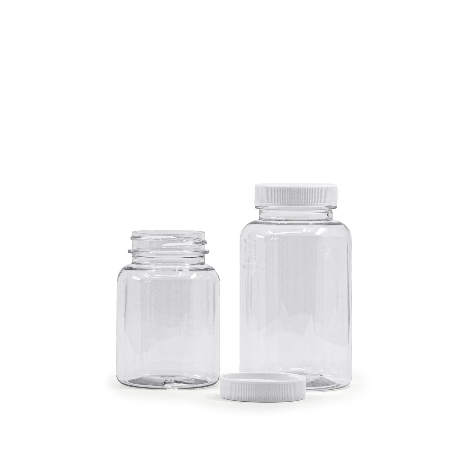 Pot en plastique transparent pour comprimés avec couvercle blanc, 250 ml