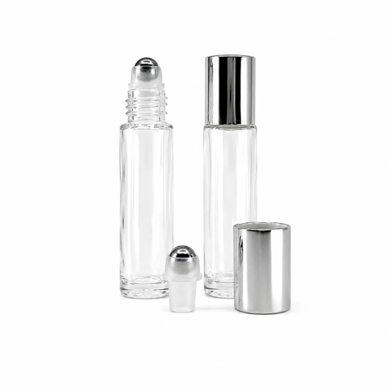 Glass roll-on, clear, silver cap, metal ball, 10 ml