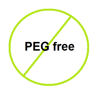 Zelený preškrtnutý kruh s nápisom PEG free na bielom pozadí.
