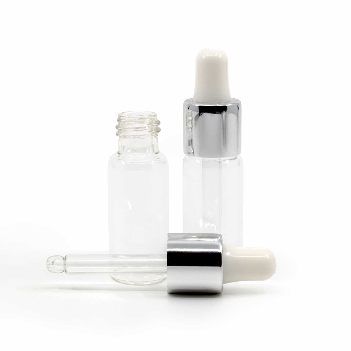 Flacon rond en verre transparent, 13/410, Pipette argent brillant et blanc, 6 ml