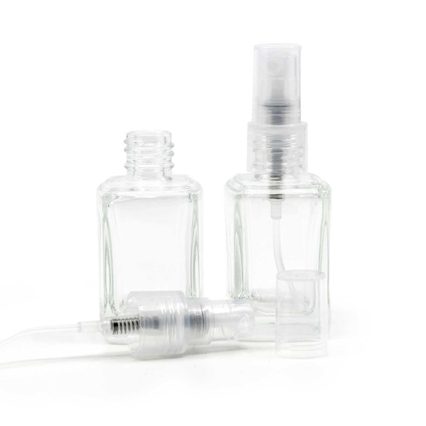 Butelka szklana przezroczysta, kwadratowa, 13/410, atomizer przezroczysty, 10 ml