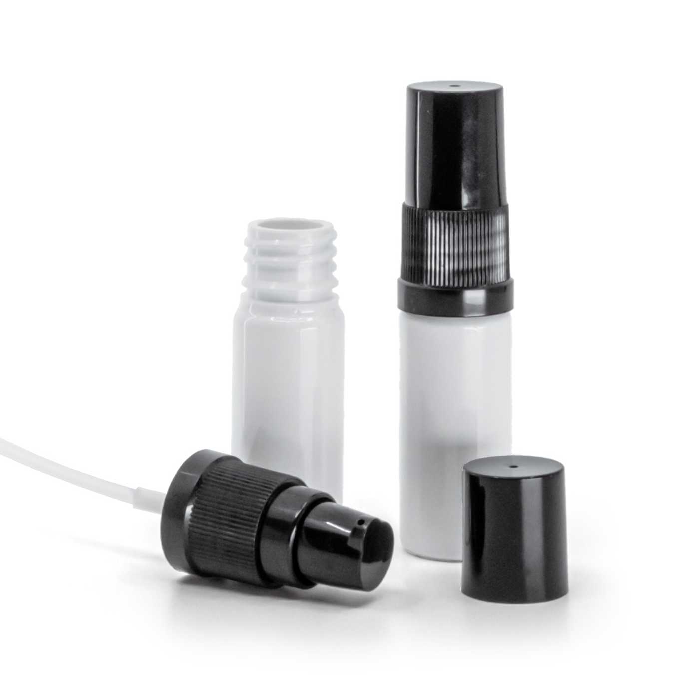 Flacon plastique blanc avec pompe crème noire et coiffe noire 10 ml
