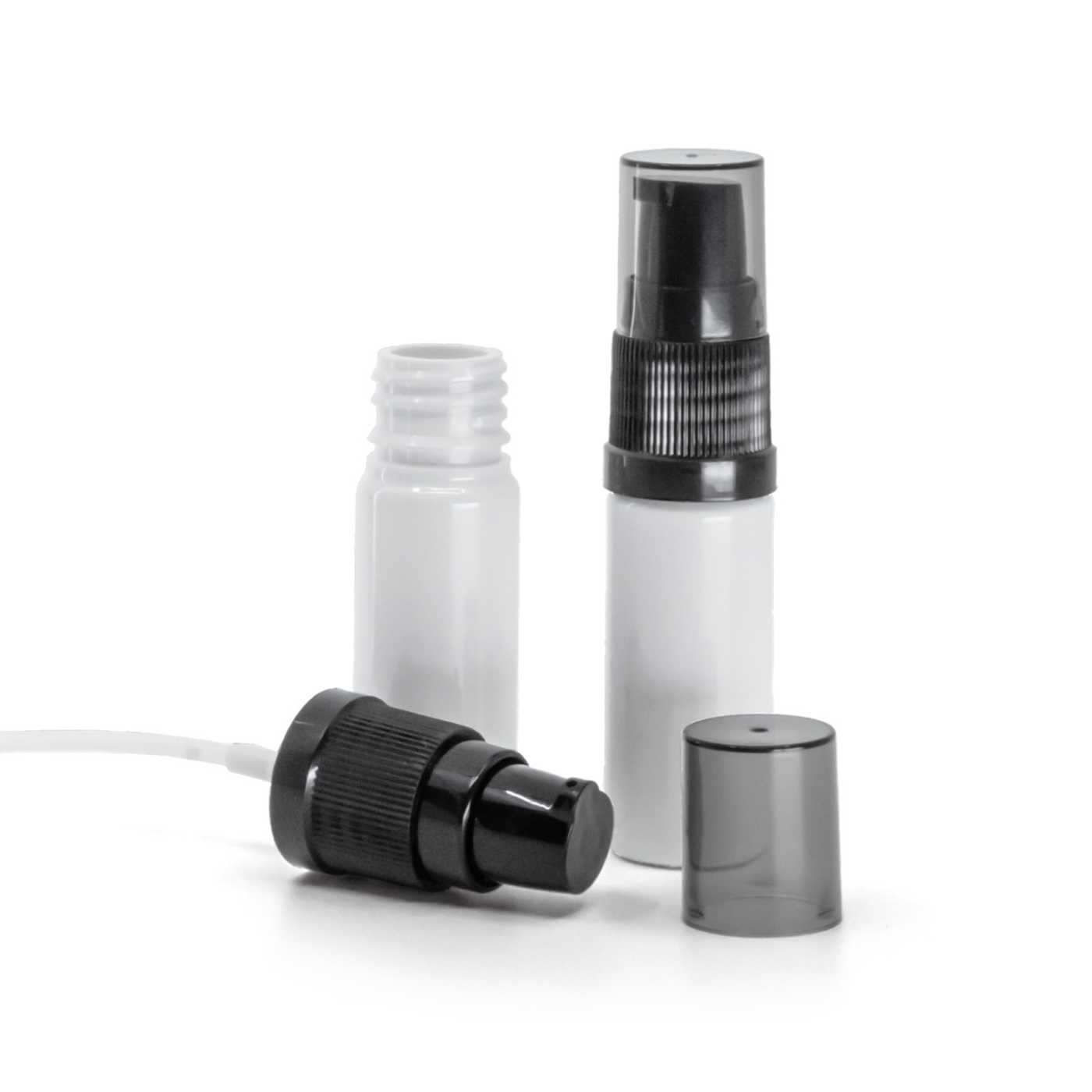 Flacon en plastique blanc, distributeur de crème noir avec surcapuchon fumé, 10 ml