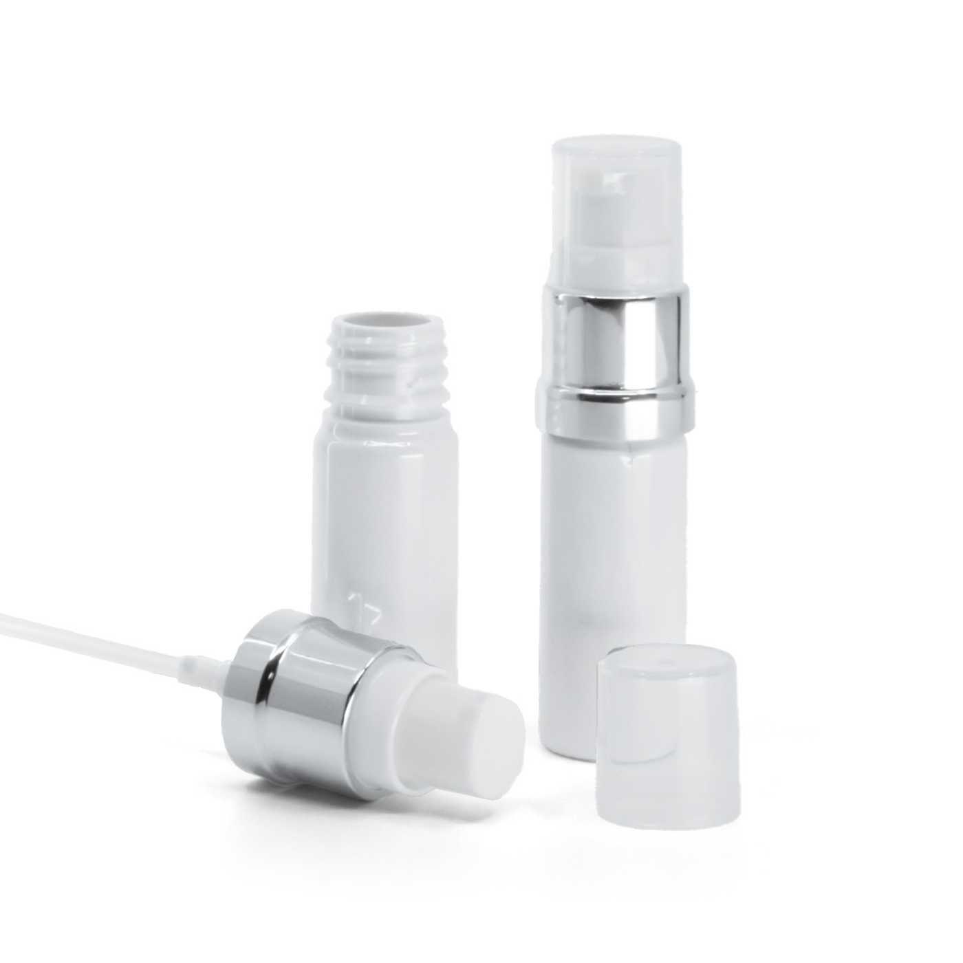 Flacon plastique blanc, pompe blanche argentée brillante, 10 ml