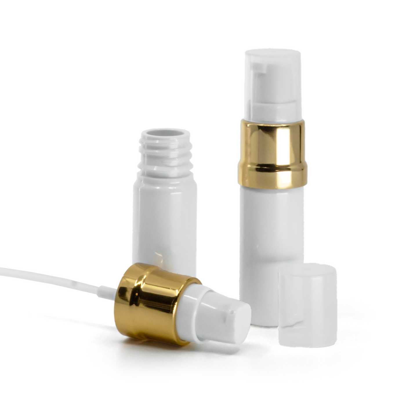 Flacon en plastique blanc avec pompe blanche et or brillant 10 ml