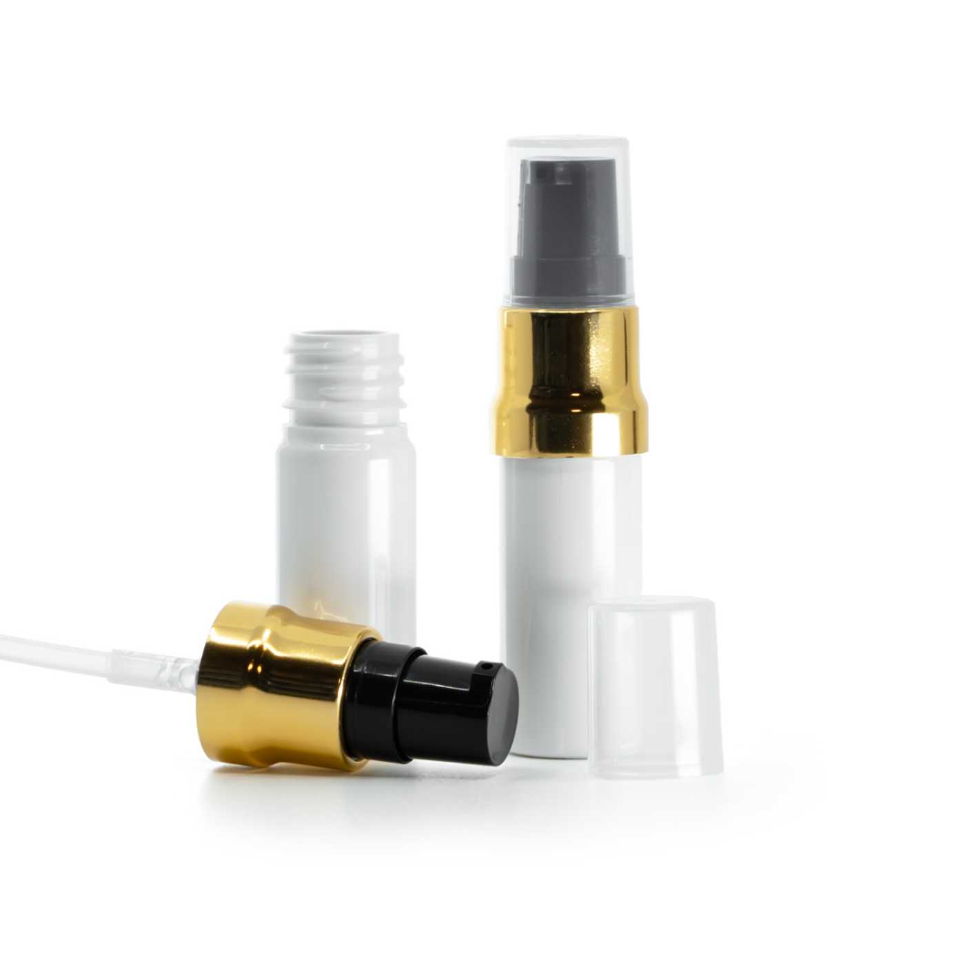 Flacon en plastique blanc avec pompe noir et or brillant et capot transparent, 10 ml