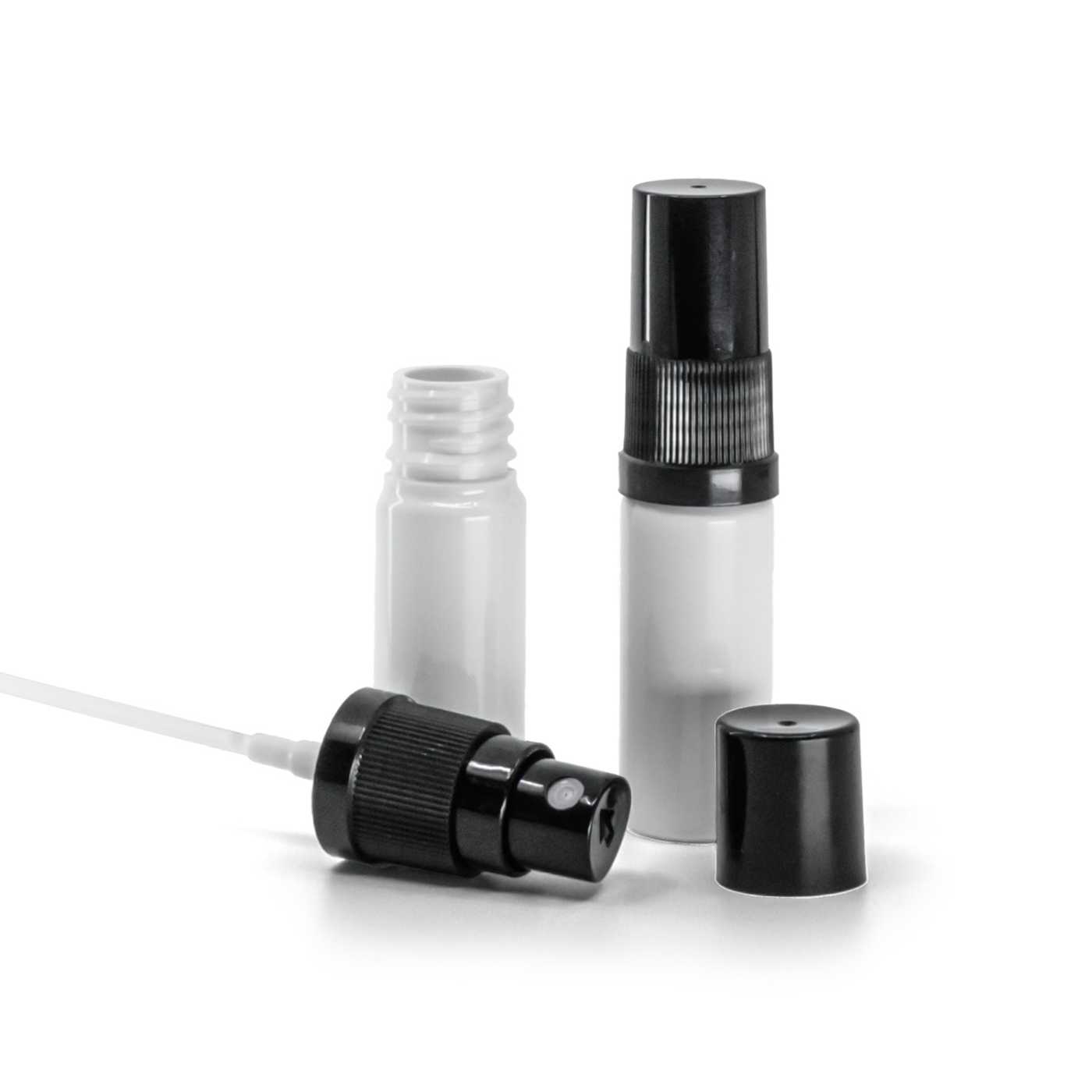 Butelka plastikowa apteczna, biała, atomizer czarny, kapturek czarny, 10 ml