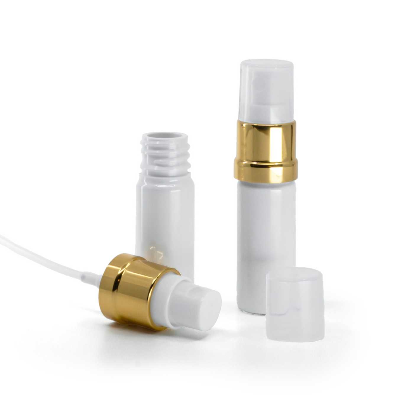 Flacon en plastique blanc avec pompe spray blanc-or 10 ml