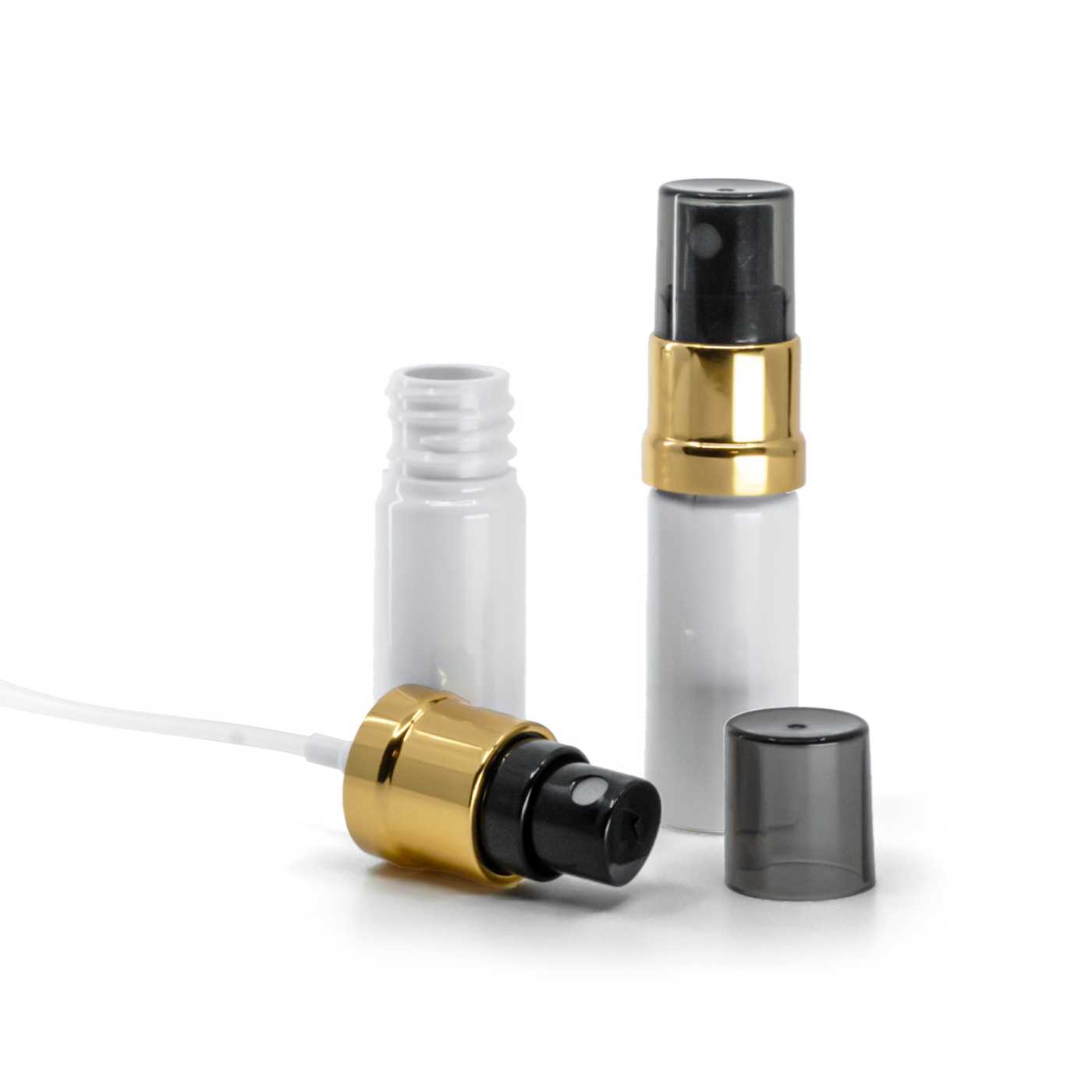 Flacon en plastique blanc, spray noir et doré, surcapuchon fumé, 10 ml