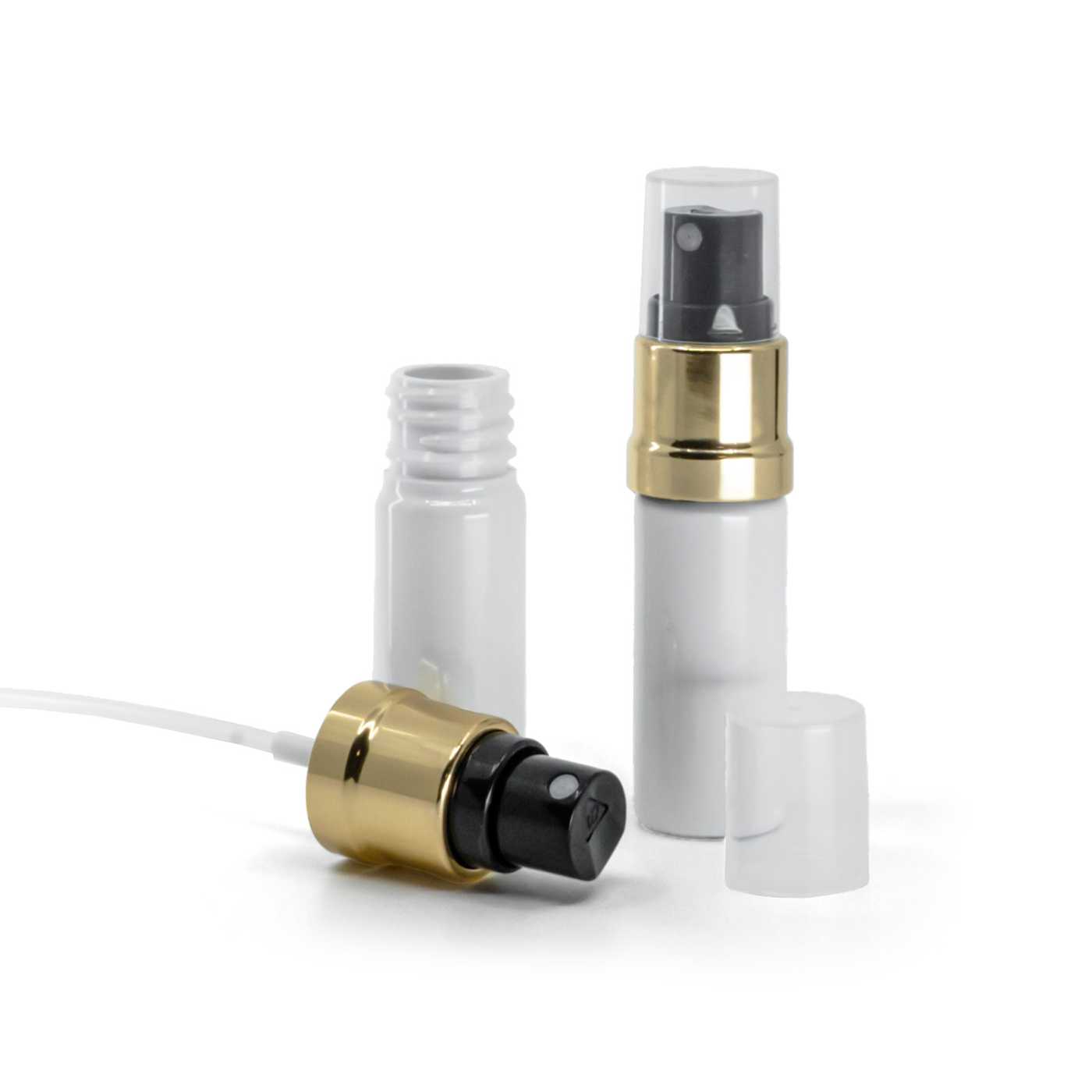 Flacon en plastique blanc avec pompe spray noir et or 10 ml