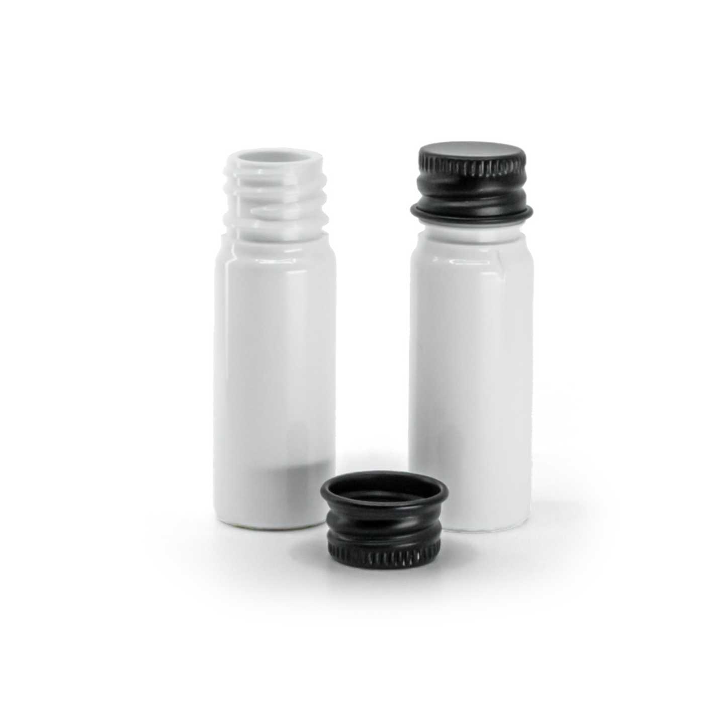 Flacon plastique blanc, capsule aluminium noire, 10 ml