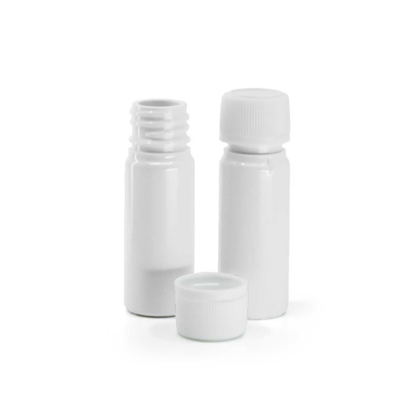 Weiße Kunststoffflasche, Tropfflasche, weißer Originalitätsverschluss, geriffelt, 18/410, 10 ml