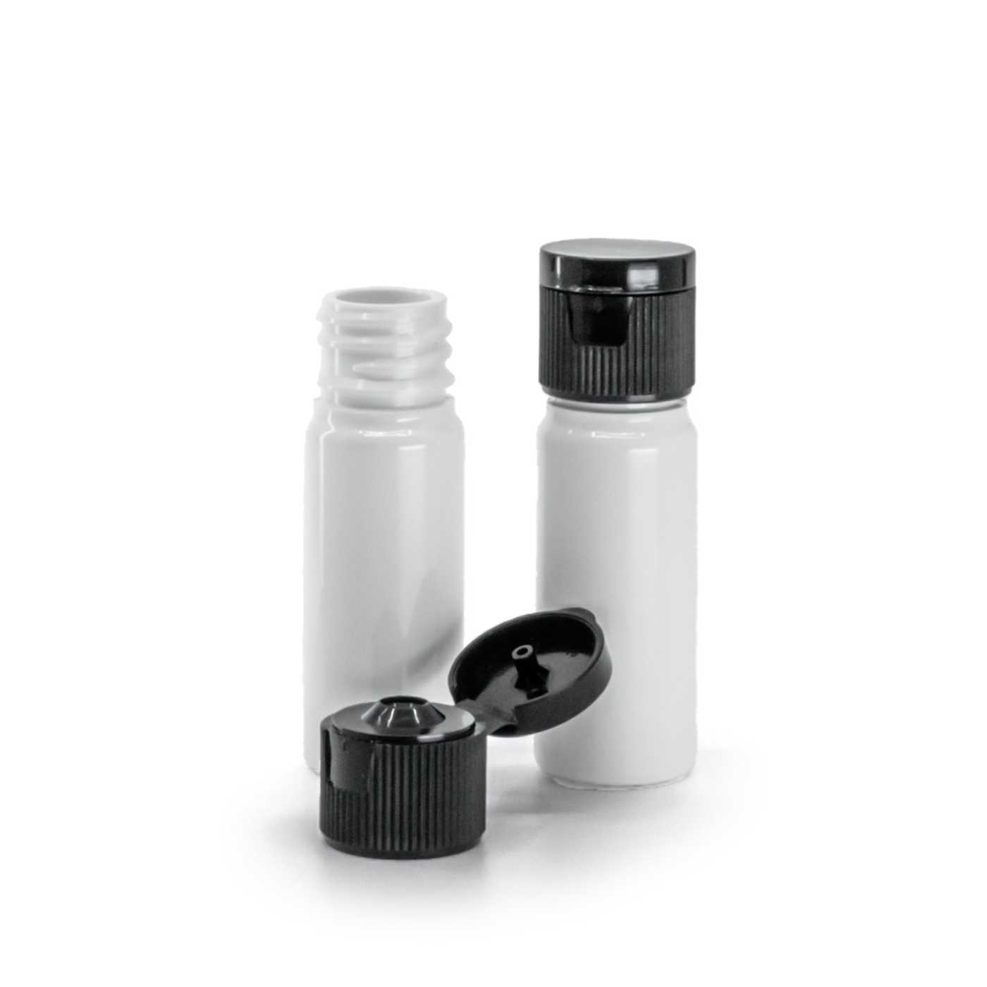 Flacon en plastique blanc, bouchon service rabattable en plastique noir, 18 mm, 10 ml