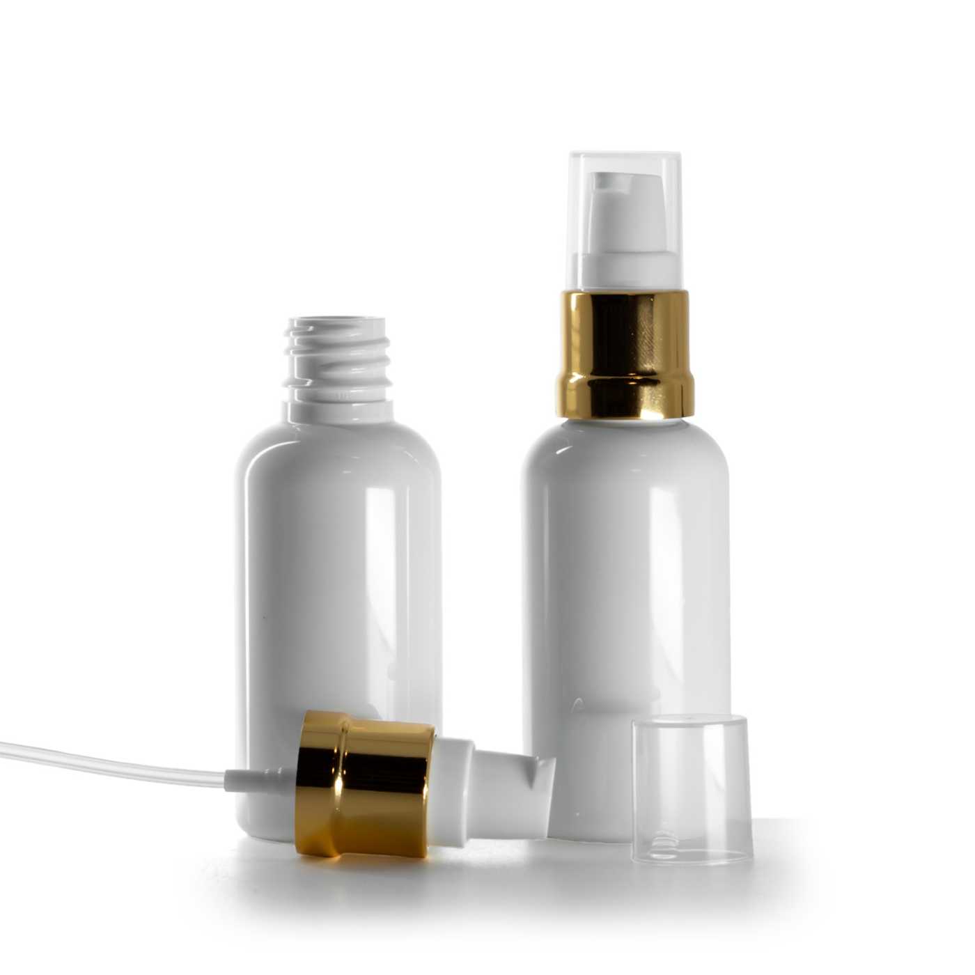 Flacon en plastique blanc avec pompe blanche et or brillante 50 ml