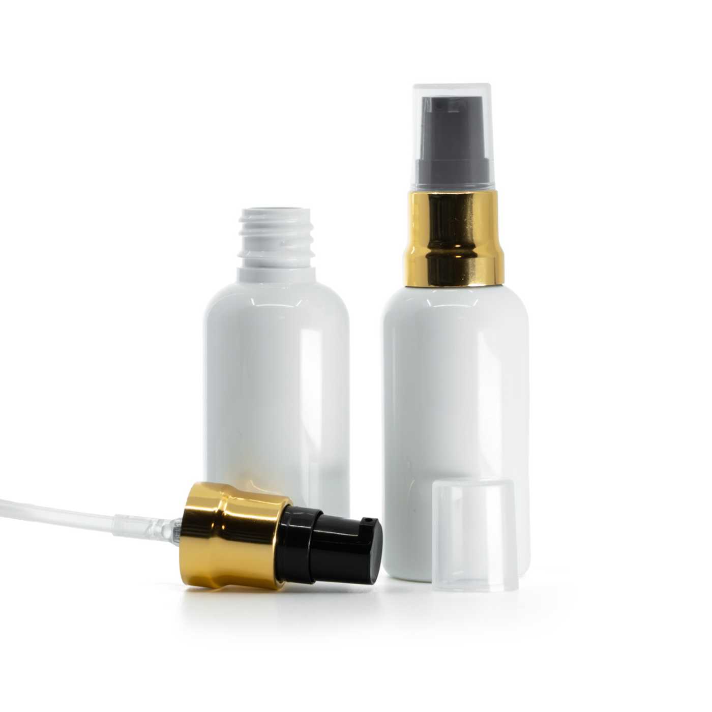 Flacon en plastique blanc avec pompe noir et or brillante et surbouchon transparent, 10 ml