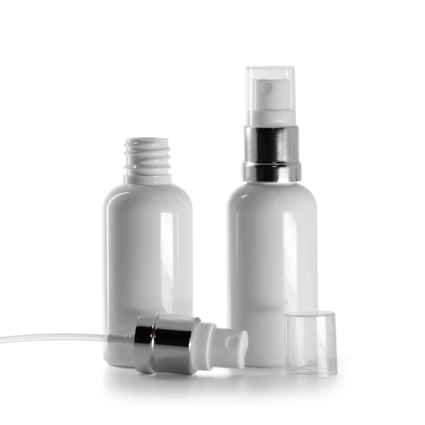 Butelka plastikowa biała, atomizer biało-srebrny, 50 ml