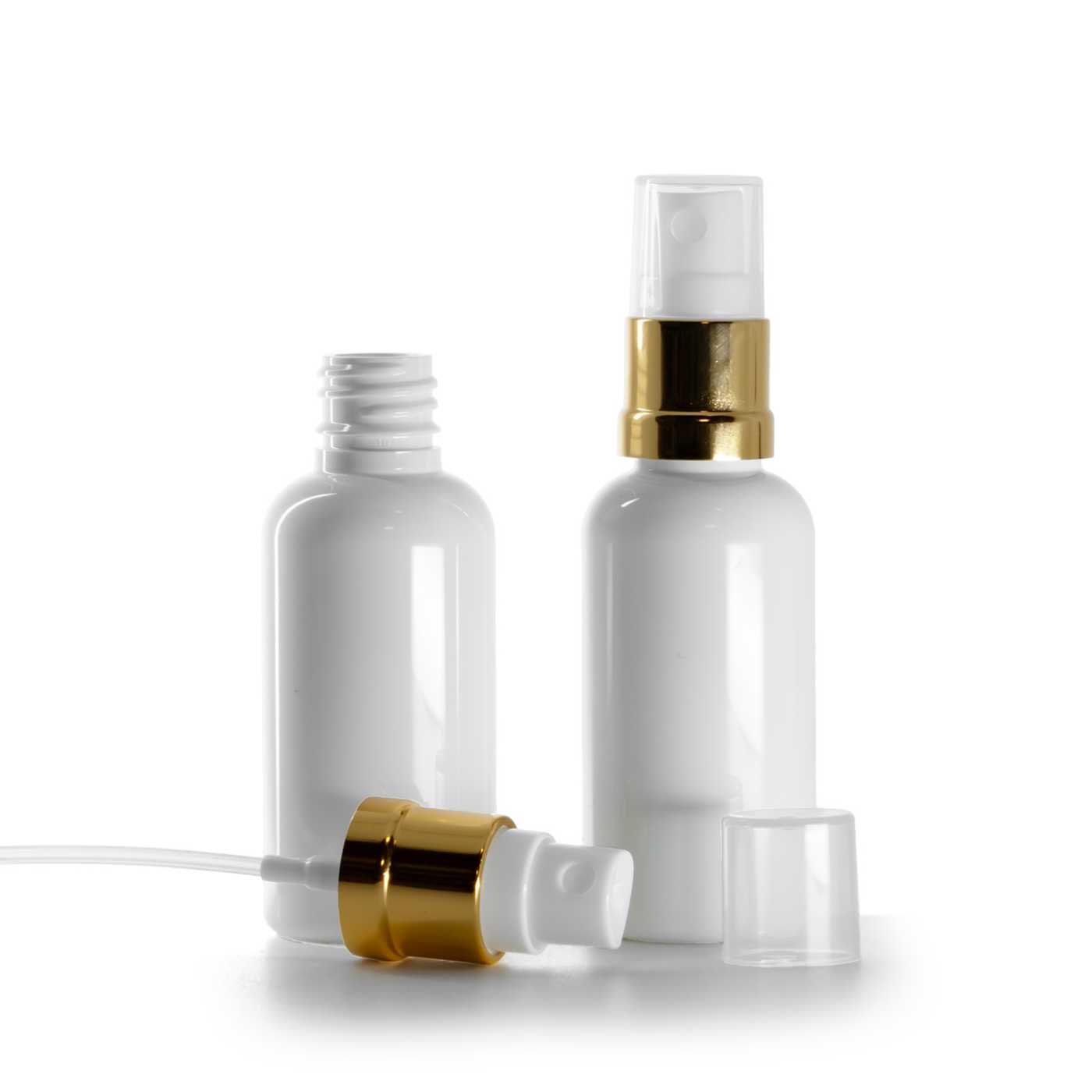 Flacon plastique blanc, pompe spray blanc or, 50 ml