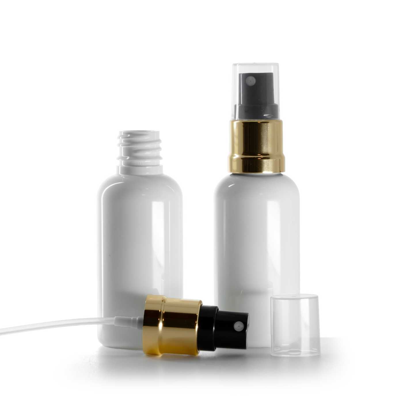 Flacon en plastique blanc avec pulvérisateur noir et or 50 ml