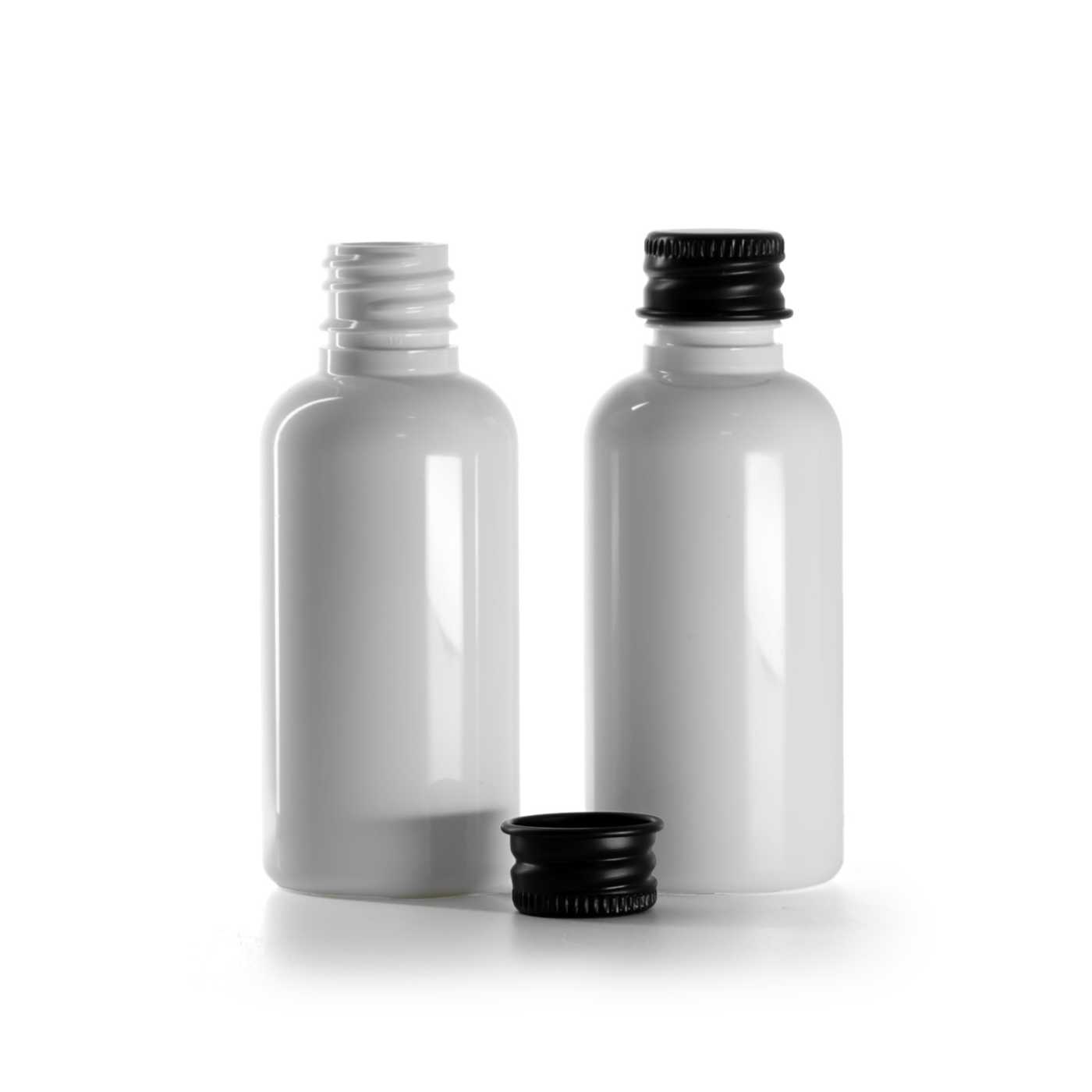 Flacon plastique blanc, bouchon en aluminium noir, 50 ml