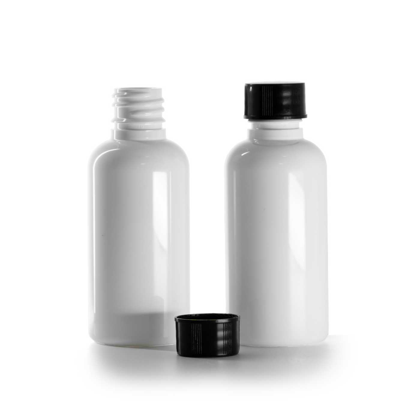 Butelka plastikowa apteczna, biała, nakrętka czarna, 50 ml