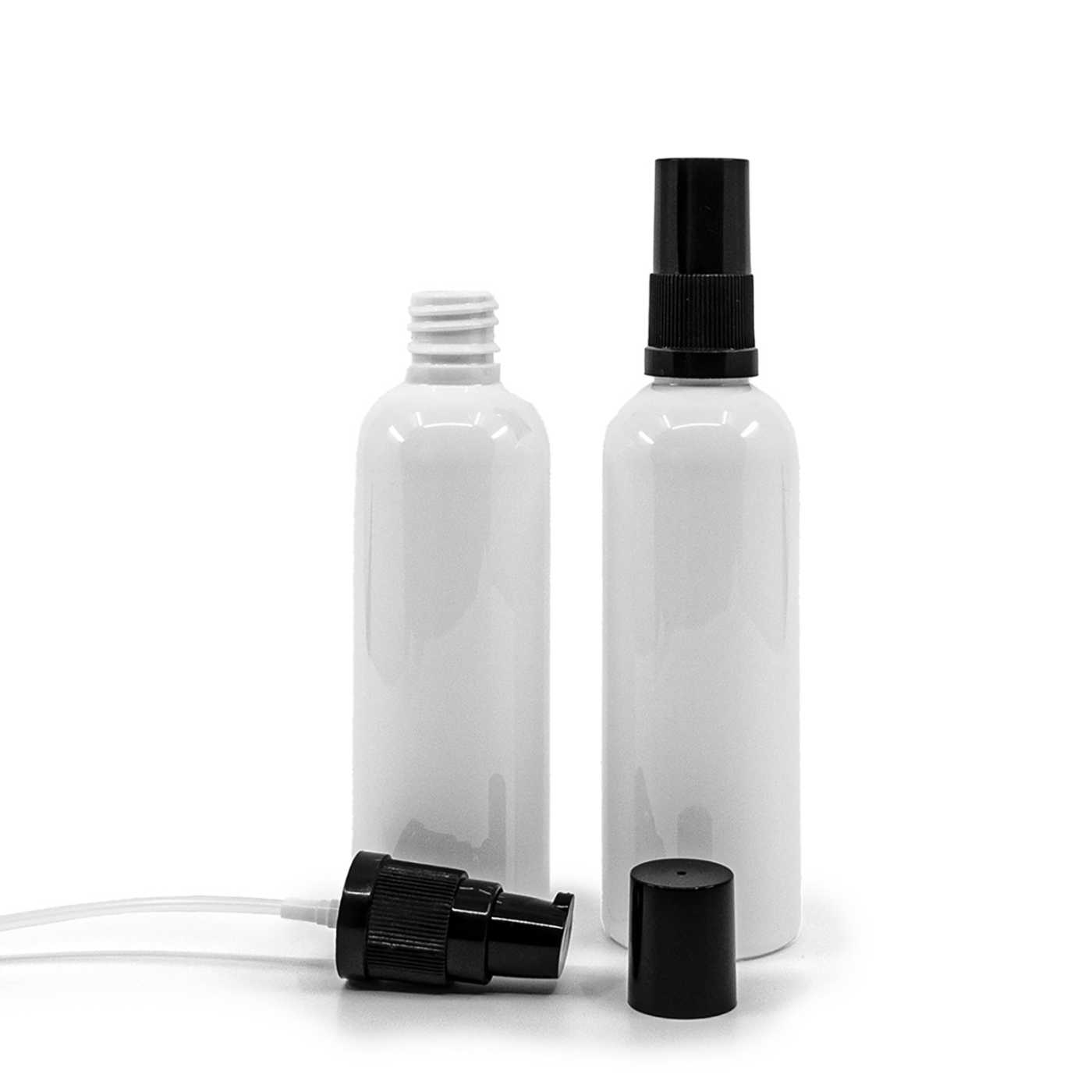 Flacon en plastique blanc, pompe lotion avec capot noir, 100 ml