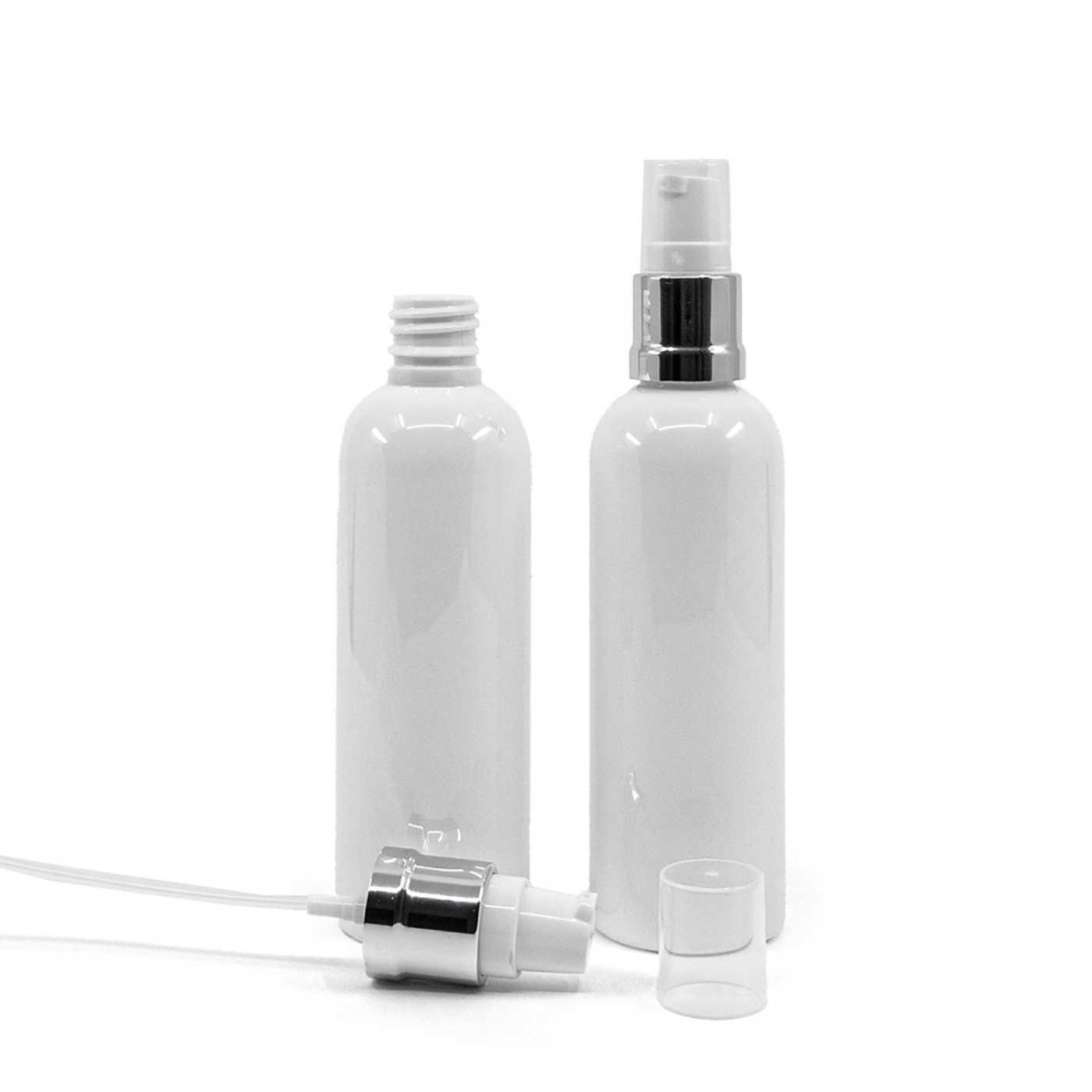 Flacon en plastique blanc, pompe blanche argentée brillante, 100 ml