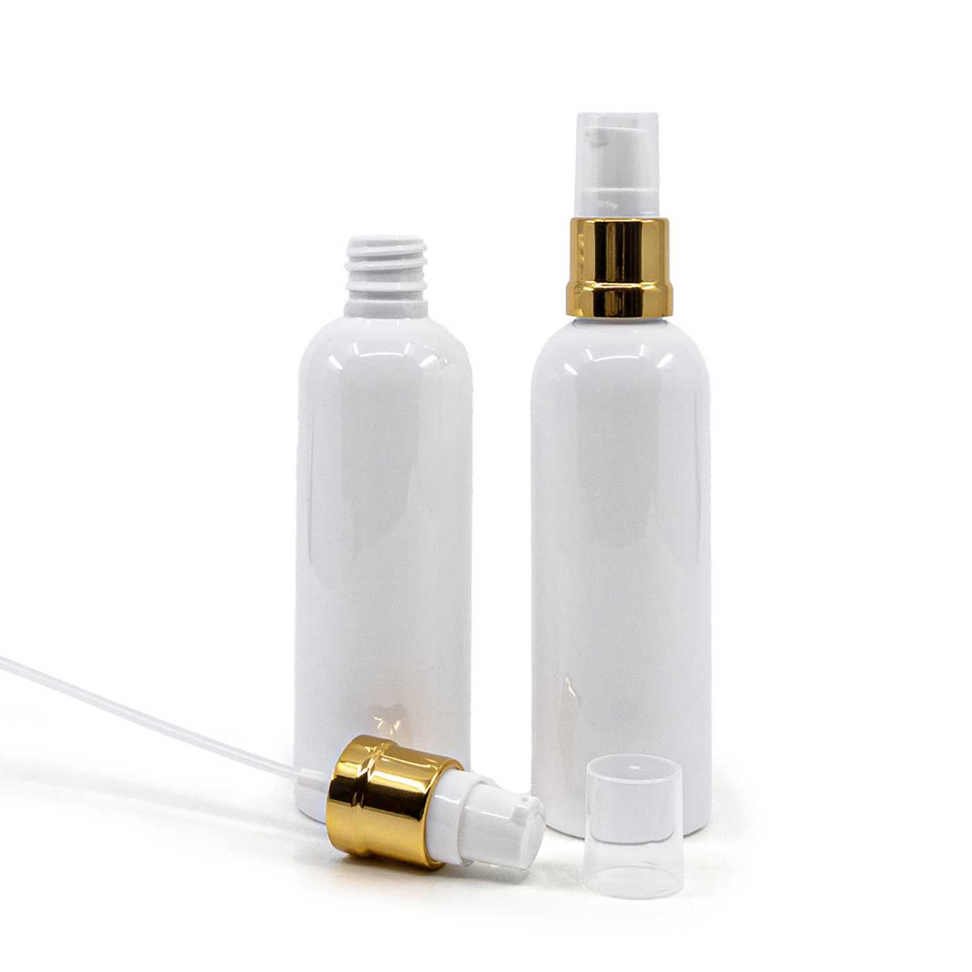 Flacon en plastique blanc, pompe blanche dorée brillante, 100 ml