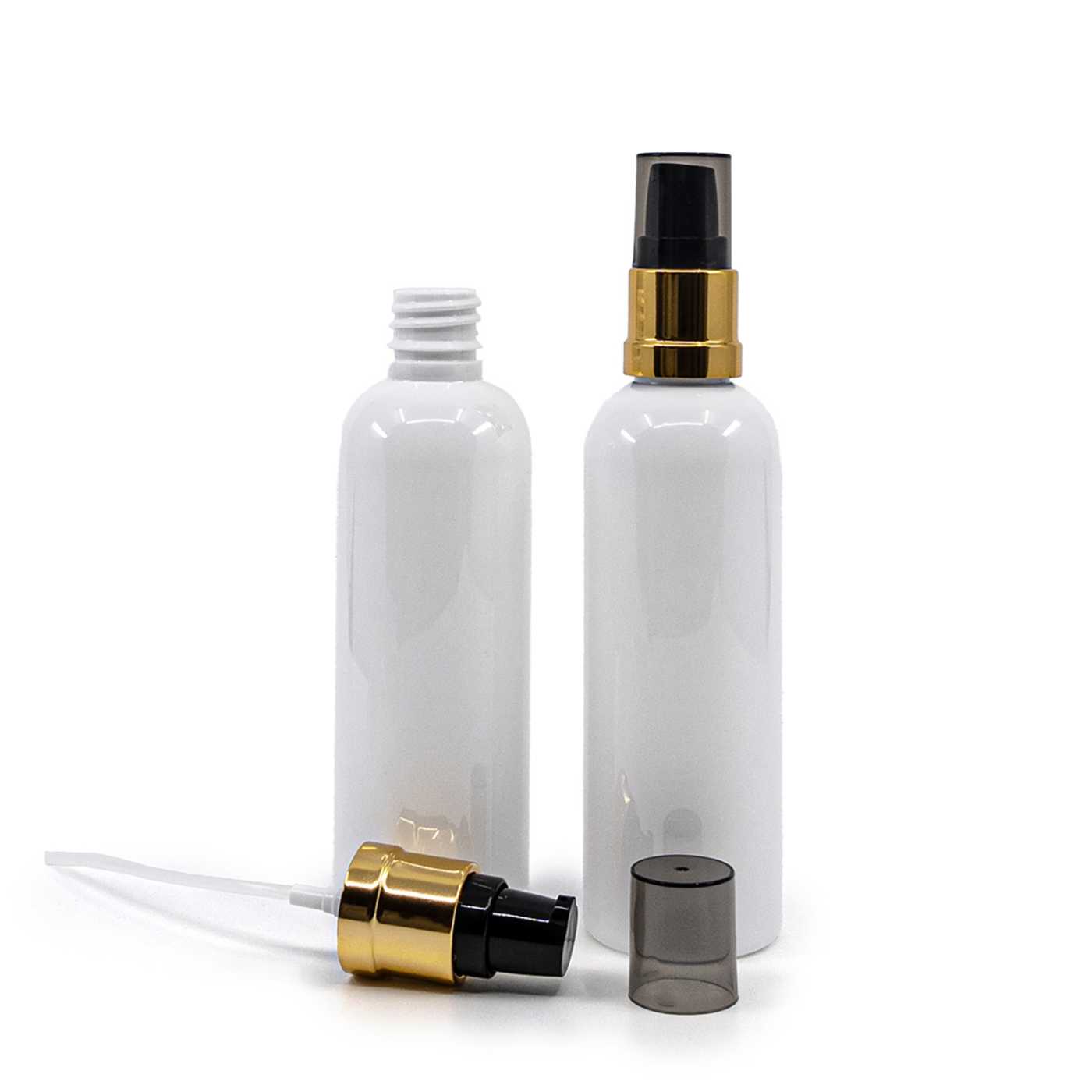 Flacon en plastique blanc, pompe noire et dorée brillante avec surcapuchon fumé, 100 ml