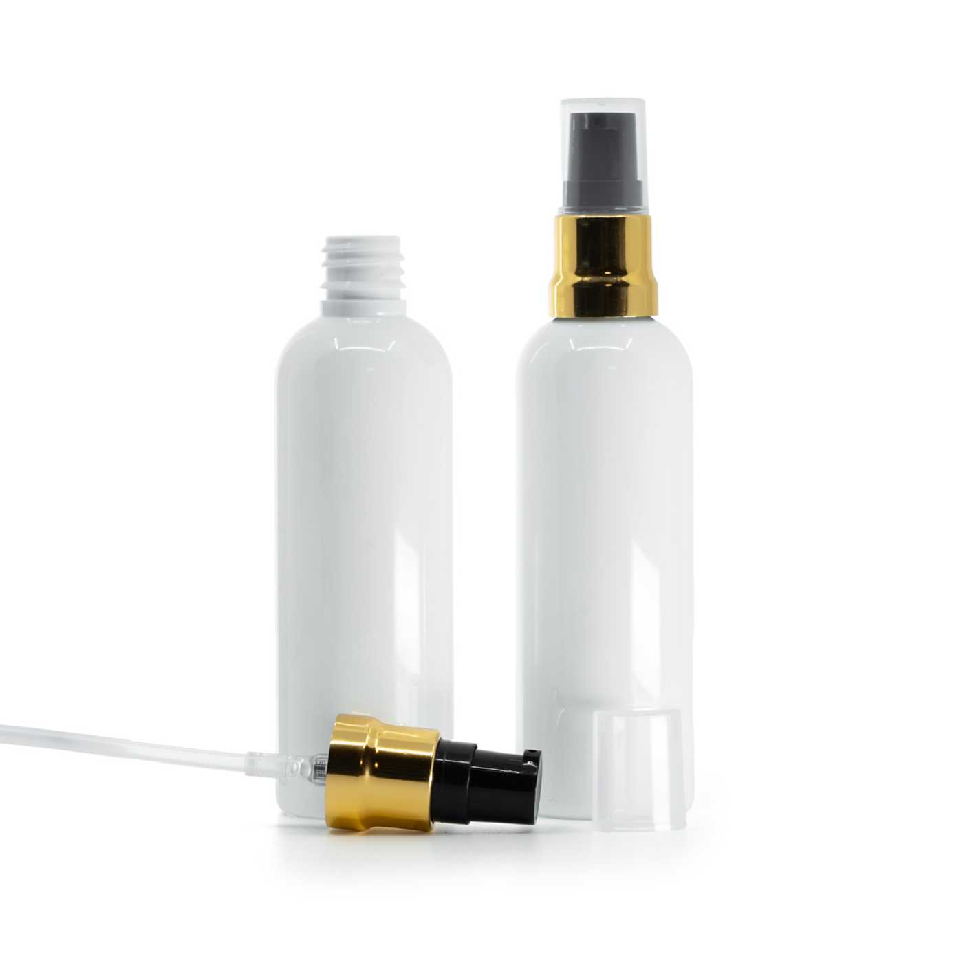 Flacon en plastique blanc, pompe noire et dorée brillante avec surcapot transparent, 100 ml