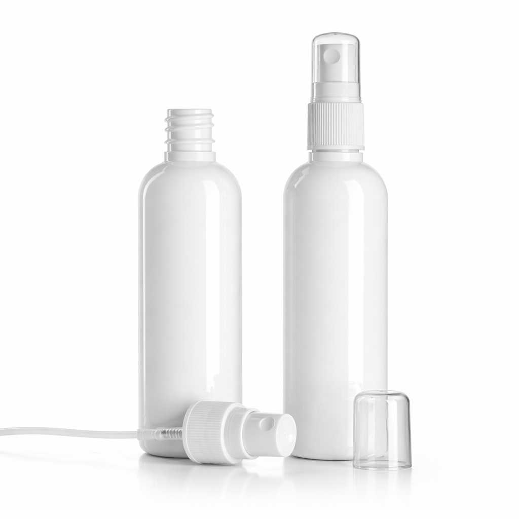 Flacon en plastique blanc, pompe spray blanche pour flacon en plastique, 100 ml