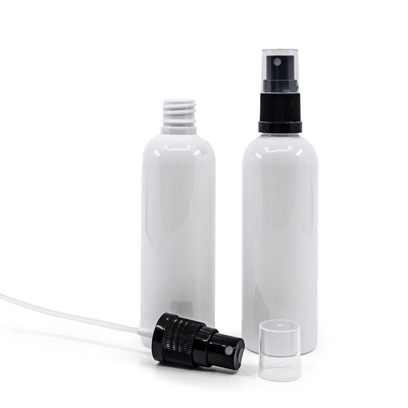 Butelka plastikowa biała, 18/410, atomizer czarny, długość rurki 115 mm, 100 ml