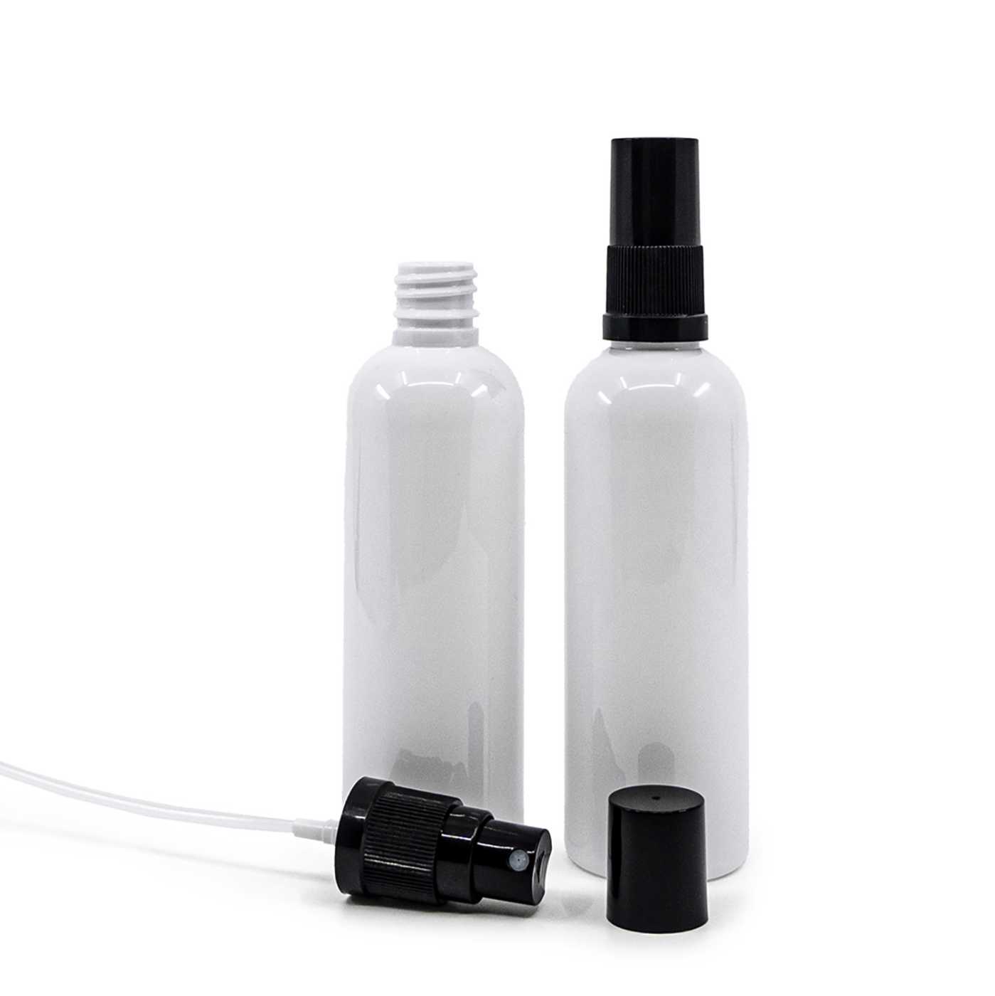 Butelka plastikowa biała, czarny atomizer, czarny kapturek, 100 ml