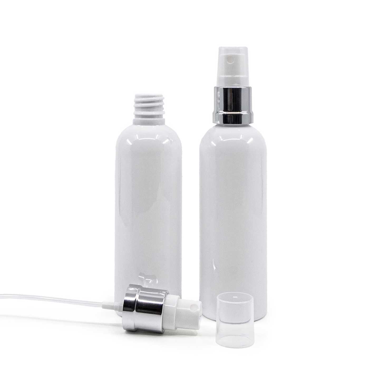Fehér műanyag flakon, fehér-ezüst permetező, 100 ml
