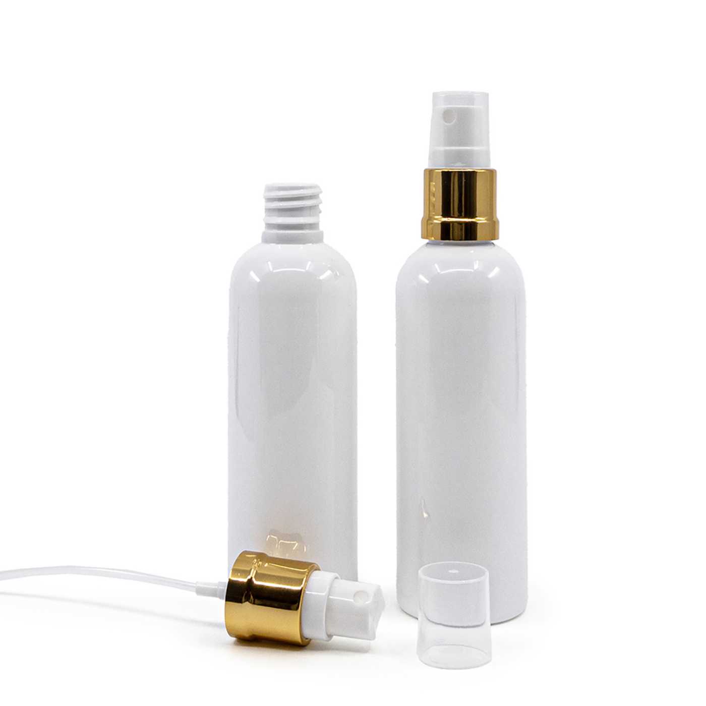 Flacon en plastique blanc, pulvérisateur blanc et or, 100 ml