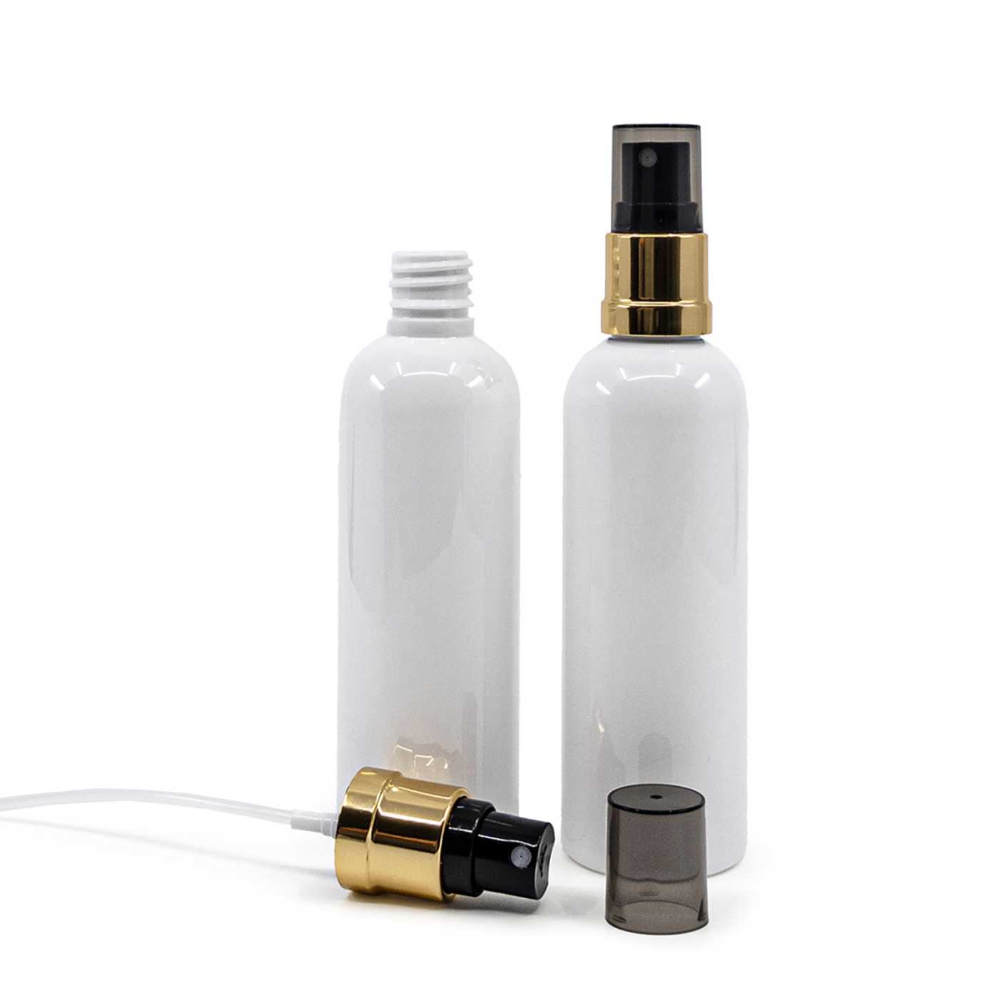 Flacon en plastique blanc, spray noir et or, surcapuchon fumé, 100 ml