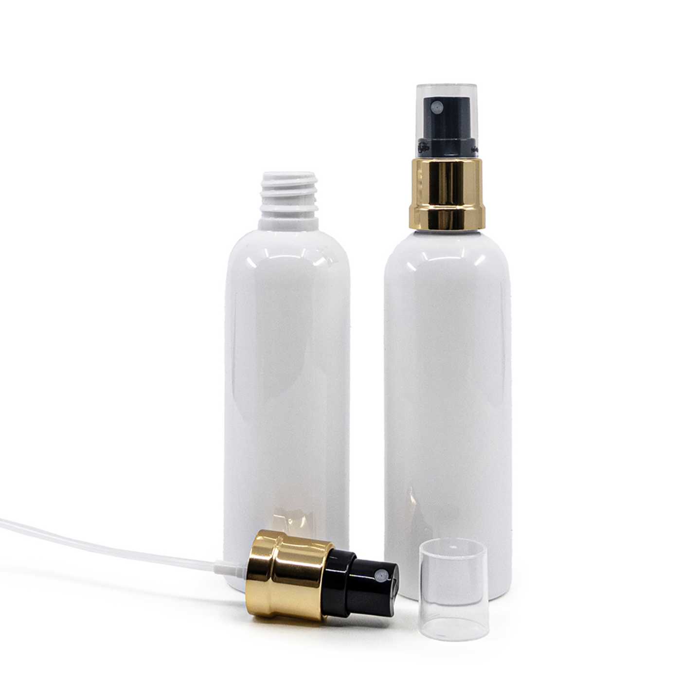Flacon en plastique blanc, pompe spray noir-or, 100 ml