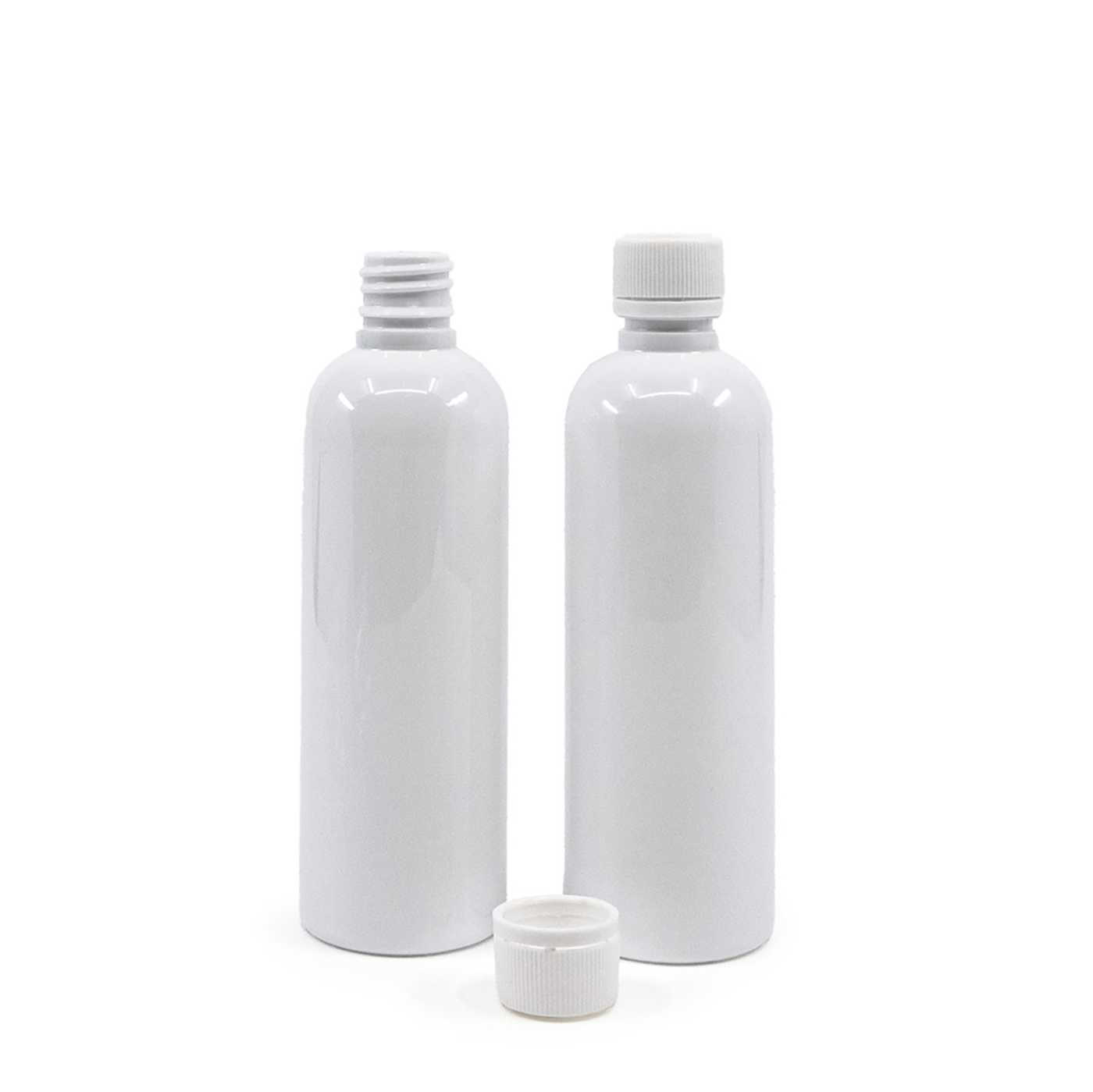 Flacon plastique blanc, bouchon de sécurité blanc avec bague d’inviolabilité, 100 ml