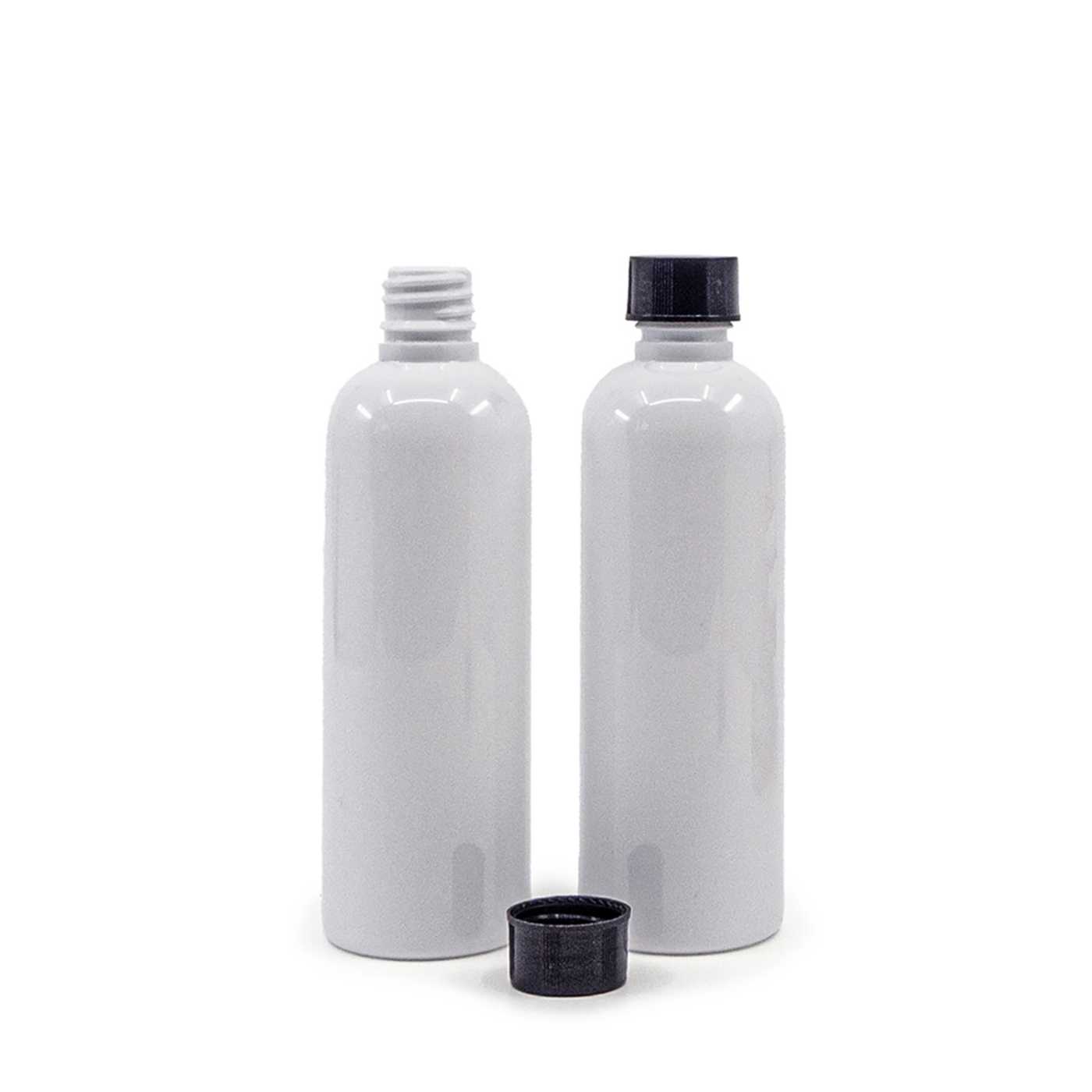 Butelka plastikowa biała, 18/410, nakrętka plastikowa czarna, 100 ml