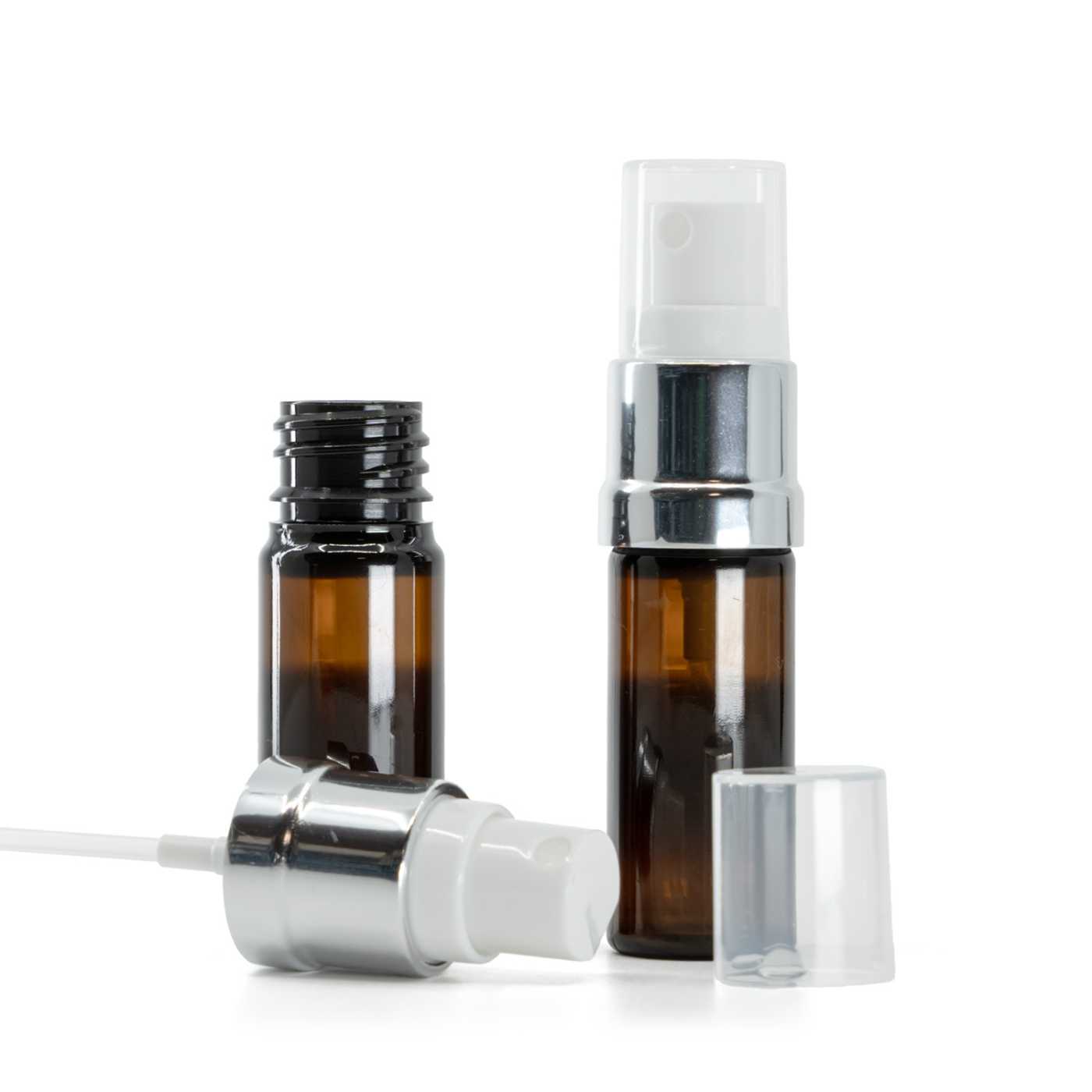 Butelka plastikowa brązowa, biało-srebrny atomizer, 10 ml