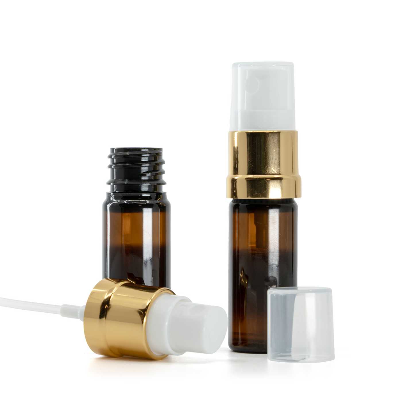 Flacon plastique ambré, pompe spray blanc-or, 10 ml