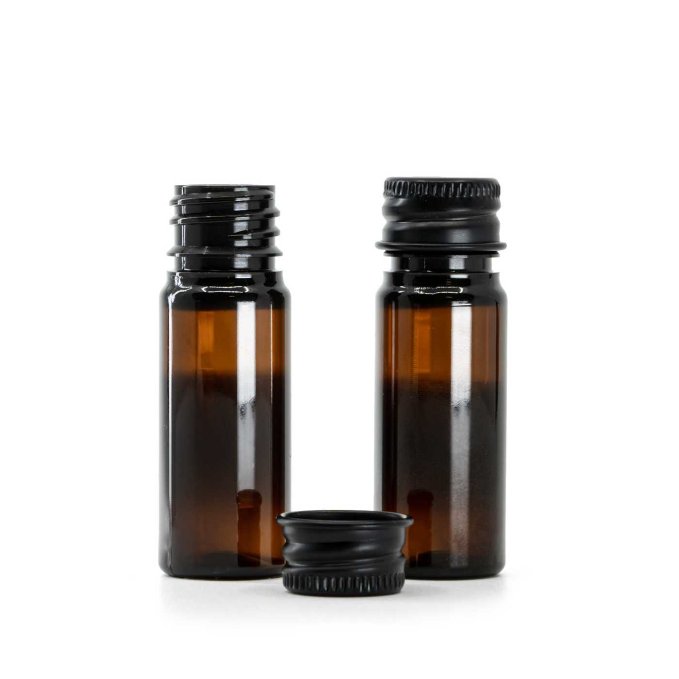 Flacon plastique ambré, capsule en aluminium noir, 10 ml