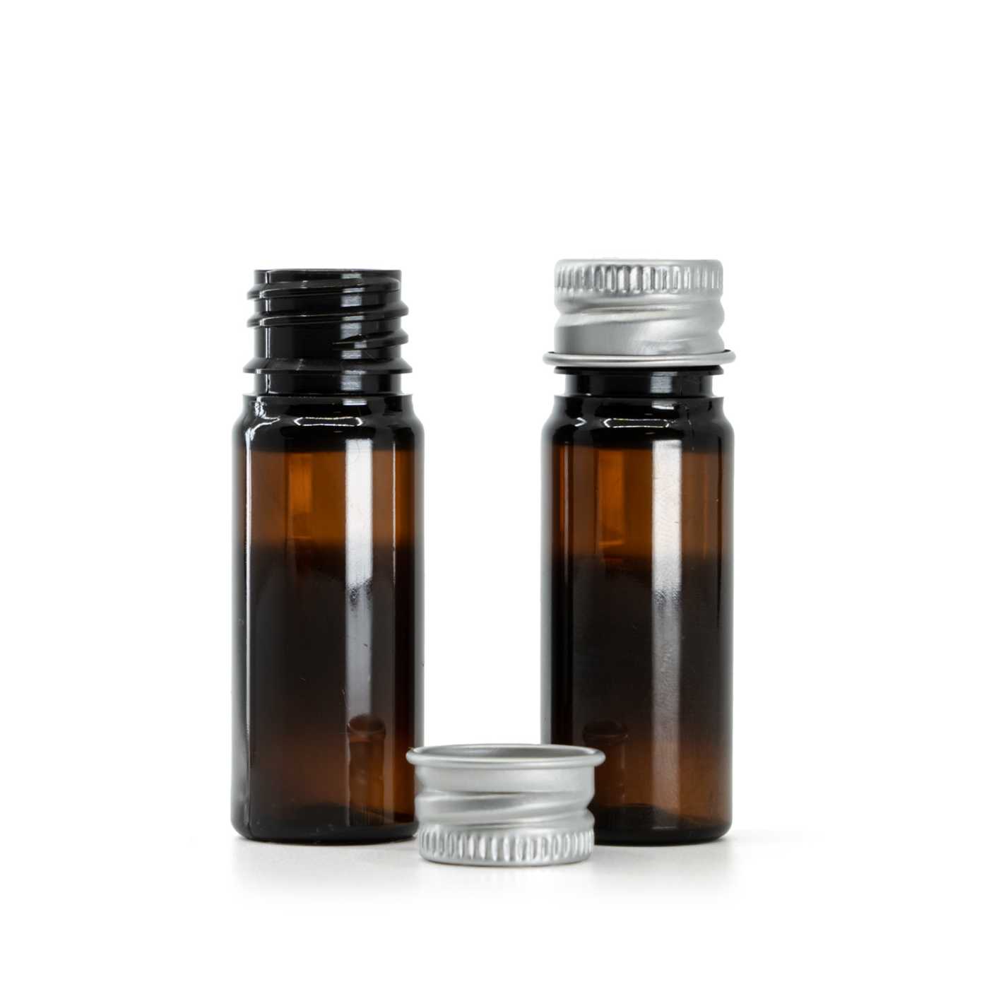 Flacon, plastique, ambré, bouchon aluminium argenté, 10 ml